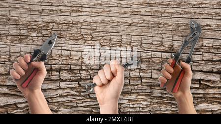 Set with photos of plumbers holding different tools against tree bark, closeup Stock Photo