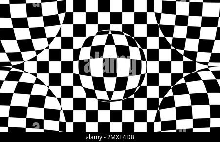 distorted checkered pattern.  optical illusion vector background with black and white chess pattern Stock Vector