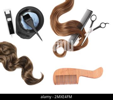 Set with different hairdresser supplies on white background, top view Stock Photo