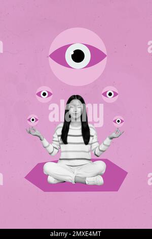 Photo cartoon comics sketch collage picture of dreamy lady enjoying yoga isolated drawing background Stock Photo