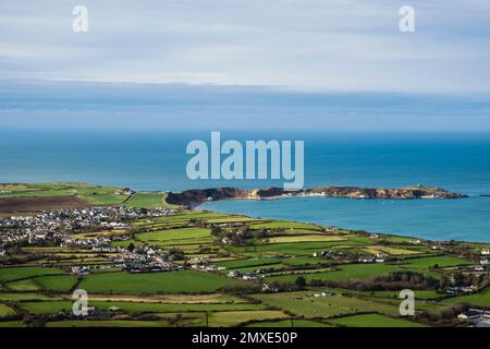 View from Garn Boduan hillside across Morfa Nefyn to Porth Dinllaen on Llyn Peninsula coast. Nefyn, Gwynedd, north Wales, UK, Britain, Europe Stock Photo