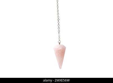 Pink color rose quartz crystal pendulum on chain isolated on white background. Lot of copy space. Stock Photo