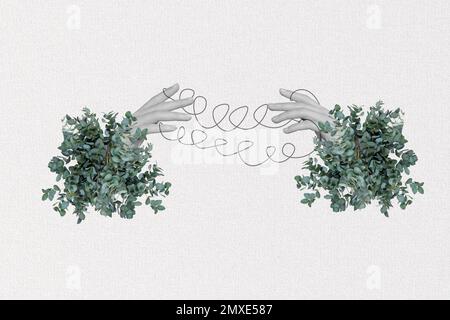 Minimalistic collage photo poster postcard of connection between two human arms touch isolated on painted white background Stock Photo