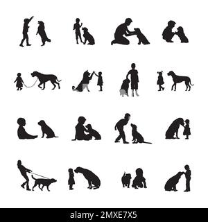 Kids dogs silhouettes, Children dogs silhouette Stock Vector