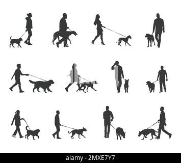 Walk with dog silhouettes, People walking with dog silhouettes Stock Vector