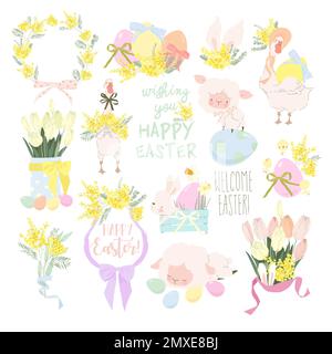 Easter Set with Cute White Bunnies, Gooses, Sheeps and Easter Eggs Stock Vector