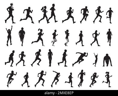 Running people silhouettes collection, Running man and woman silhouettes Stock Vector