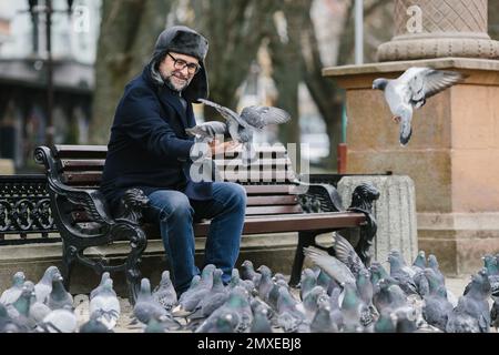 An elderly man enjoys a cold winter morning in the city. A gray-haired man feeds pigeons while sitting on a bench in the square. Stock Photo