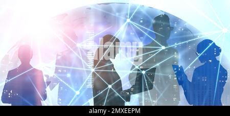 Forex trading. Double exposure of business people and night city, banner design Stock Photo