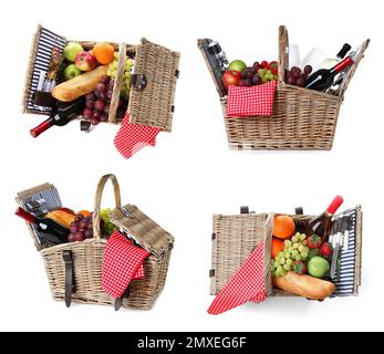 Set of wicker picnic baskets with products on white background, banner ...