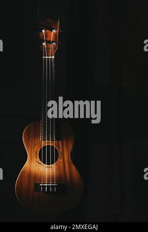 Ukulele stringed musical instrument on black background Stock Photo