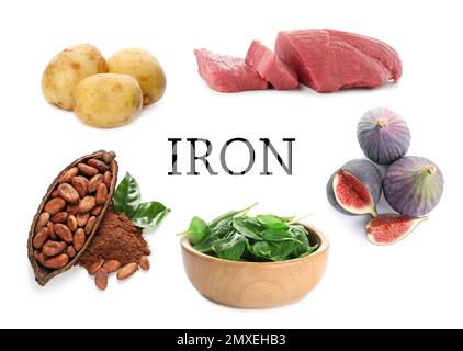 Set with fresh products rich in iron on white background Stock Photo