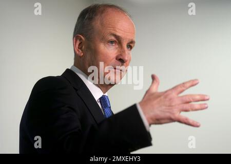 Tanaiste Micheal Martin speaks to the media at the Irish Government Secretariat in Belfast, following his meetings with Stormont political leaders. Picture date: Friday February 3, 2023. Stock Photo