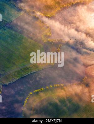 Straight down view from flying drone of Angelivka pond. Nice morning scene of outskirts of Ternopil town, Ukraine, Europe. Beauty of nature concept ba Stock Photo