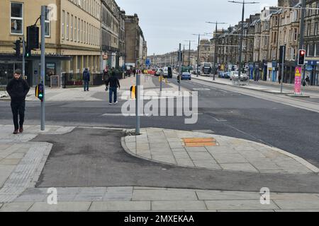 Edinburgh Scotland, UK 03 February 2023. General views of Leith Walk cycling infrastructure alongside the tram extension to Newhaven both of which are incomplete and under construction.   credit sst/alamy live news Stock Photo