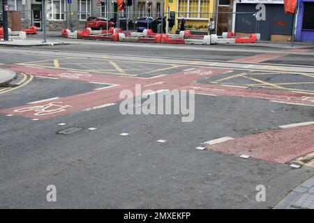 Edinburgh Scotland, UK 03 February 2023. General views of Leith Walk cycling infrastructure alongside the tram extension to Newhaven both of which are incomplete and under construction.   credit sst/alamy live news Stock Photo