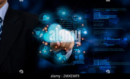 businessman touch on virtual internet connection cloud computing and technology icons. Business global connection application digital marketing, Finan Stock Photo
