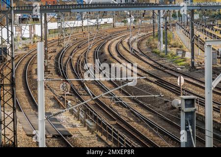 London, UK. 3rd Feb, 2023. The tracks outside Euston Station are empty. Only the oveground to Watford and the Caledonia Sleeper are running. As a result many of the platforms are empty. Credit: Guy Bell/Alamy Live News Stock Photo