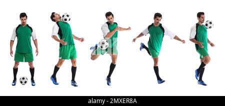 Collage with photos of young man playing football on white background. Banner design Stock Photo