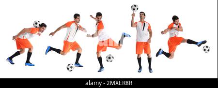 Collage with photos of young man playing football on white background. Banner design Stock Photo
