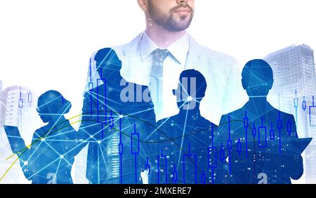 Forex trading. Double exposure of business people and cityscape Stock Photo