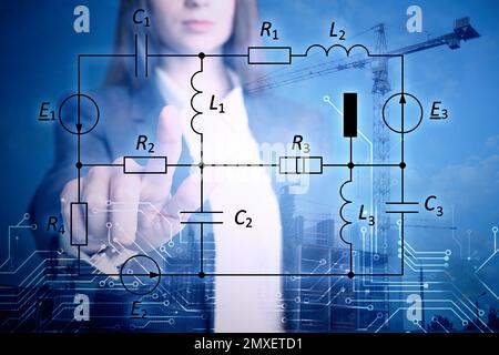 Multiple exposure of female engineer, scheme and construction crane, closeup Stock Photo