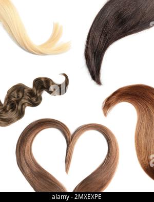 Set with different locks on white background. Hairdresser service Stock Photo