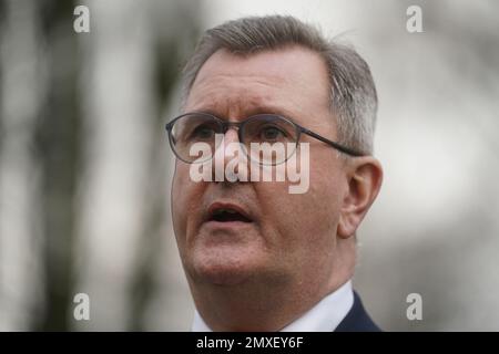 DUP leader Sir Jeffrey Donaldson, speaks to the media in Lisburn, following his meeting at Stormont with Tanaiste Micheal Martin. Picture date: Friday February 3, 2023. Stock Photo