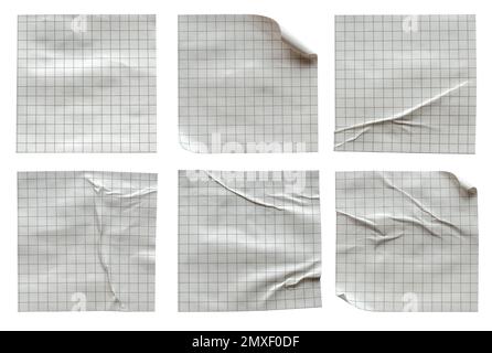 A set of Gray square grid pattern small glued crumpled and creased note memo paper isolated on white background. Stock Photo