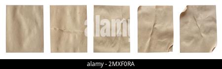 Blank brown crumpled and creased paper poster texture set isolated on white background. Stock Photo