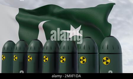 Nuclear missiles and Pakistan flag in background. Missiles with warheads are ready to be launched. missile defense. Nuclear, chemical weapons. radiati Stock Photo