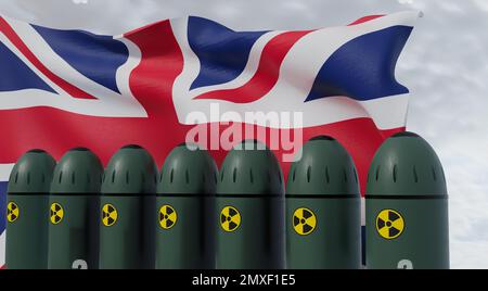 Nuclear missiles and United Kingdom flag in BG. Missiles with warheads are ready to be launched. missile defense. Nuclear, chemical weapons. radiation Stock Photo