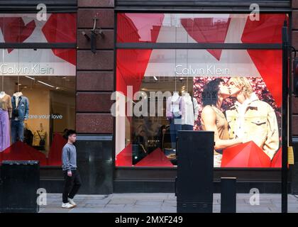 Regent Street, London, UK. 3rd Feb 2023. Valentines day shop windows on Regent Street, London. Calvin Klein. Credit: Matthew Chattle/Alamy Live News Stock Photo