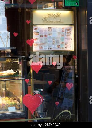 Regent Street, London, UK. 3rd Feb 2023. Valentines day shop windows on Regent Street, London. Caffe Concerto. Credit: Matthew Chattle/Alamy Live News Stock Photo