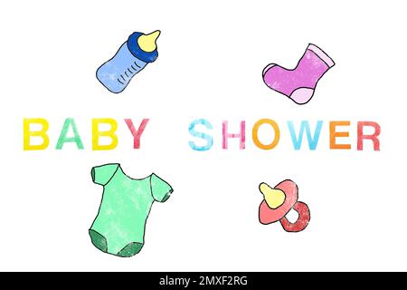 Different drawings and phrase BABY SHOWER written on white background Stock Photo