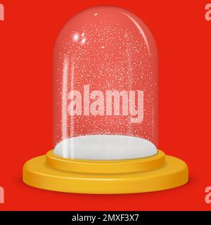 Empty snowball winter glass dome decoration with snowfall isolated on red background. Seasonal Merry Christmas and Happy New Year 3d object for design Stock Vector