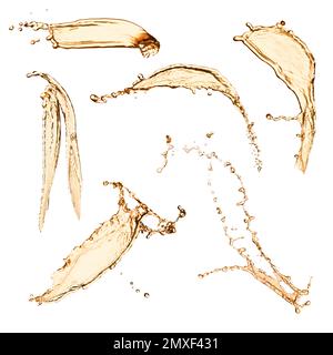 Set with abstract splashes of expensive whiskey on white background Stock Photo