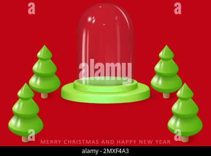 Merry Christmas and Happy New Year 3d background with winter glass ball, transparent dome for product display cylindrical shape and green cartoon chri Stock Vector