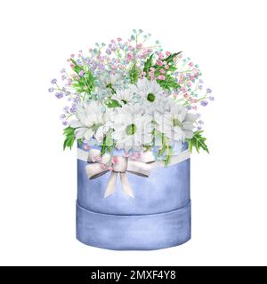 Hand-drawn watercolor bouquet of white flowers in a box with ribbons. A small part of the Big FLOWER set Stock Photo