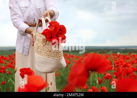Woman holding handbag with poppy flowers in beautiful field, closeup Stock Photo