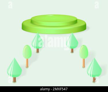 Round two tier 3d stage and row of trees. Green cylinder podium on Summer or Spring season natural landscape scene Background for presentation, show p Stock Vector