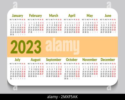 Calendar grid pocket for 2023 in English. The week starts on Monday. Calender template simple minimal business clean design. Horizontal orientation. V Stock Vector
