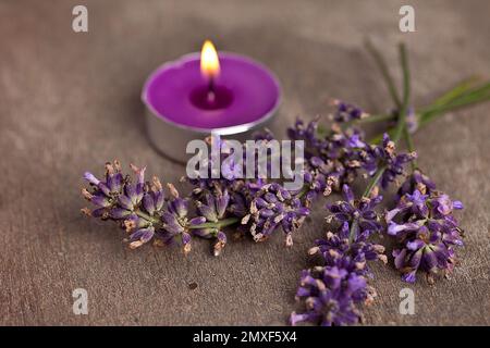 candel with flamme with lavender Stock Photo