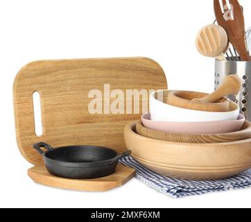 Set of different cooking utensils and dishes on white background Stock Photo