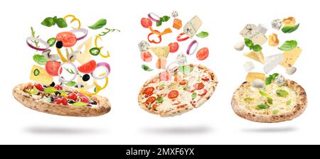 Set with delicious pizzas and flying ingredients on white background, banner design Stock Photo