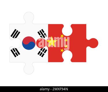 Connected puzzle of flags of South Korea and China, vector Stock Vector