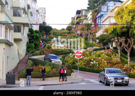 Cars gracefully winding through the iconic curves of Lombard Street, a symphony of motion in the heart of San Francisco. Stock Photo