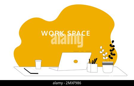 The working space. The room have a computer on the table, cup of coffee and plant. Stock Vector