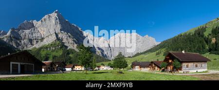 The morning panorama of north walls of Karwendel mountains - walls of Spritzkarspitze and Grubenkarspitze from Enger tall  - Grosser Ahornboden walley Stock Photo