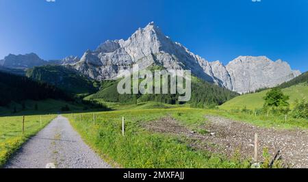 The morning panorama of north walls of Karwendel mountains - walls of Spritzkarspitze and Grubenkarspitze from Enger tall  - Grosser Ahornboden walley Stock Photo